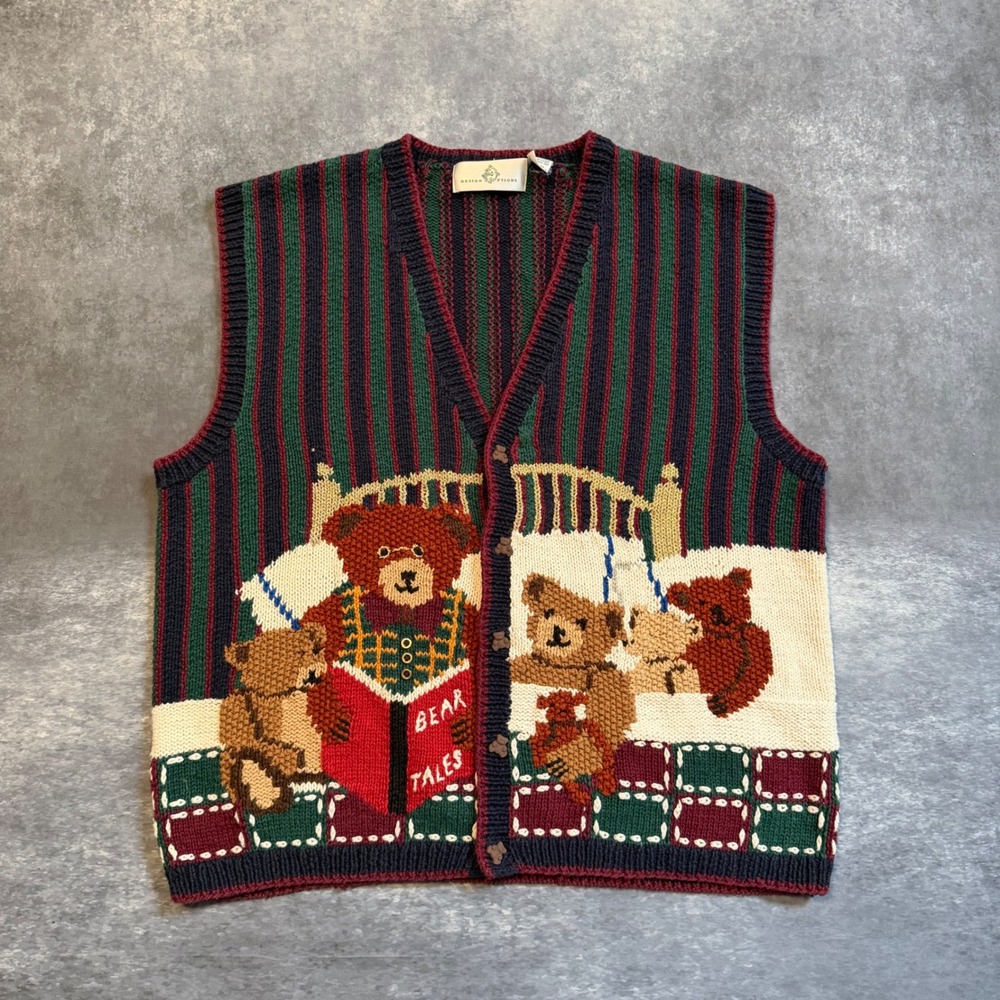 Vintage Design Options Bear Tales Sweater Vest Womens XL Ramie Cotton Knit Teddy